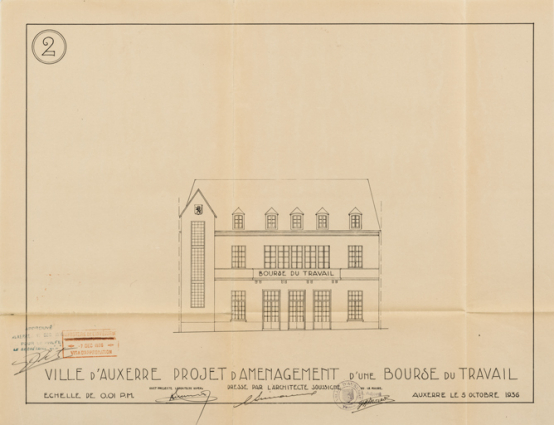 Ville d’Auxerre. Projet d’aménagement d’une bourse du travail. 5 octobre 1936. © Région Bourgogne-Franche-Comté, Inventaire du patrimoine Ville d’Auxerre. Projet d’aménagement d’une bourse du travail. 5 octobre 1936. © Région Bourgogne-Franche-Comté, Inventaire du patrimoine