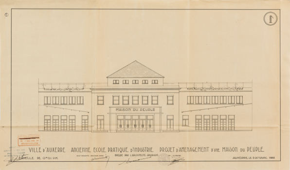 Projet d’aménagement d’une maison du peuple. 1 [élévation rue Joubert]. 5 octobre 1936. © Région Bourgogne-Franche-Comté, Inventaire du patrimoine