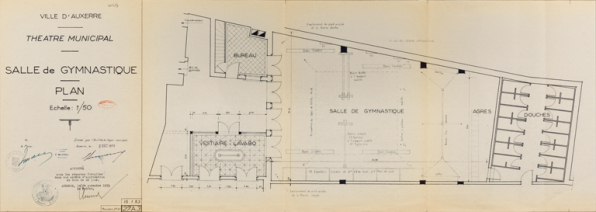 Ville d’Auxerre. Théâtre municipal. Salle de gymnastique. Plan. 15 janvier 1953. © Région Bourgogne-Franche-Comté, Inventaire du patrimoine Ville d’Auxerre. Théâtre municipal. Salle de gymnastique. Plan. 15 janvier 1953. © Région Bourgogne-Franche-Comté, Inventaire du patrimoine
