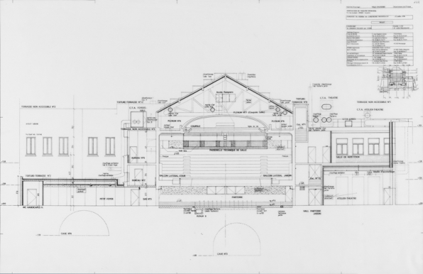 Rénovation du théâtre municipal [...] Projet. Coupe WW’ & grande façade sur cour [coupe longitudinale]. 22 juillet 1998. © Région Bourgogne-Franche-Comté, Inventaire du patrimoine