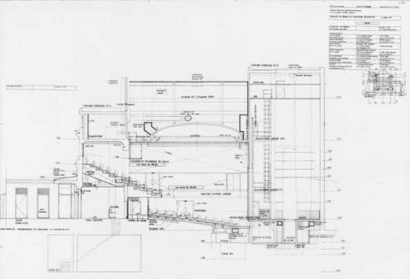 Rénovation du théâtre municipal [...] Projet. Coupe PP’ sur théâtre & façade local EDF [coupe transversale]. 22 juillet 1998. © Région Bourgogne-Franche-Comté, Inventaire du patrimoine