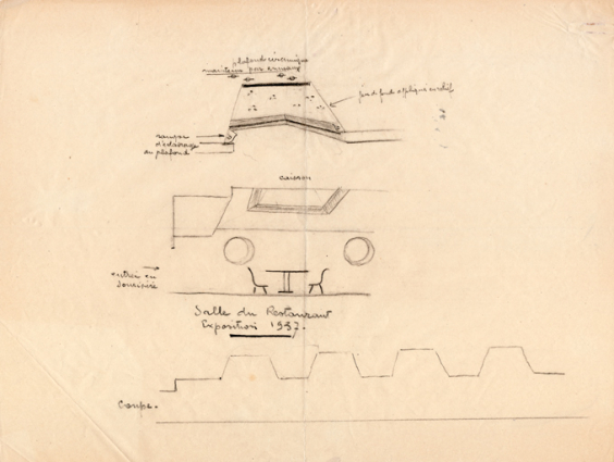 [Croquis montrant la disposition des panneaux au plafond du pavillon de la Manufacture de Sèvres lors de l’Exposition internationale de 1937]. S.d. [avril 1948]. © Région Bourgogne-Franche-Comté, Inventaire du patrimoine