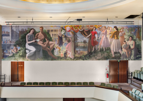 Salle : peinture de Burkhalter au balcon côté cour. © Région Bourgogne-Franche-Comté, Inventaire du patrimoine Salle : peinture de Burkhalter au balcon côté cour. © Région Bourgogne-Franche-Comté, Inventaire du patrimoine