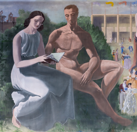 Peinture côté cour : couple assis (Gaby Burckhalter et un athlète auxerrois avec le visage de Pierre Coste). © Région Bourgogne-Franche-Comté, Inventaire du patrimoine Peinture côté cour : couple assis (Gaby Burckhalter et un athlète auxerrois avec le visage de Pierre Coste). © Région Bourgogne-Franche-Comté, Inventaire du patrimoine