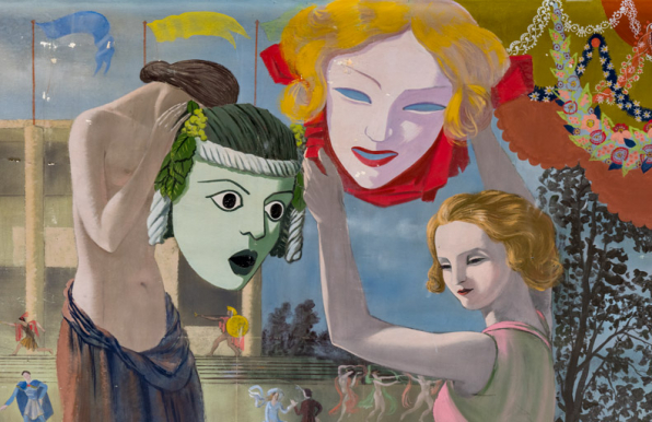 Peinture côté cour : le spectacle (la Tragédie et la Comédie tenant chacune son masque). © Région Bourgogne-Franche-Comté, Inventaire du patrimoine Peinture côté cour : le spectacle (la Tragédie et la Comédie tenant chacune son masque). © Région Bourgogne-Franche-Comté, Inventaire du patrimoine
