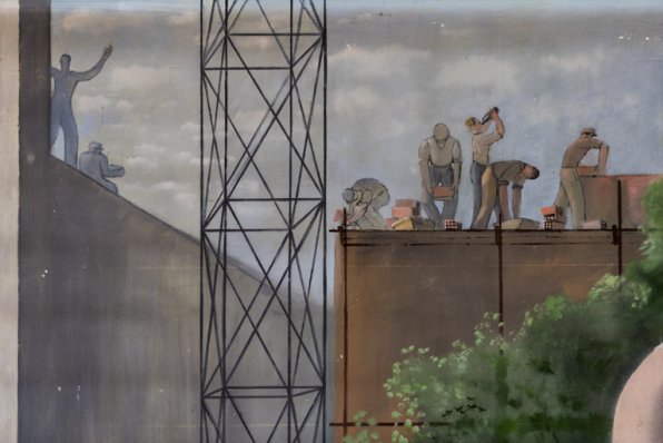 Peinture côté cour : les constructeurs, détail des maçons. © Région Bourgogne-Franche-Comté, Inventaire du patrimoine