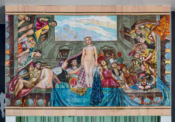 Foyer du public : la Vue, panneau en céramique d'après un dessin de Klein. © Région Bourgogne-Franche-Comté, Inventaire du patrimoine Foyer du public : la Vue, panneau en céramique d'après un dessin de Klein. © Région Bourgogne-Franche-Comté, Inventaire du patrimoine