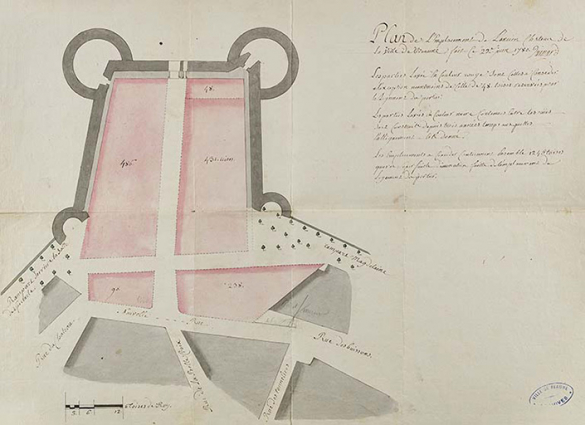 Plan de l'ancien château de la ville de Beaune [...] levé par le voyer Quinard le 22 juin 1780. Il s'agit en fait du toisé des terrains qui seront vendus par adjudication le 13 août 1780. © Région Bourgogne-Franche-Comté, Inventaire du patrimoine