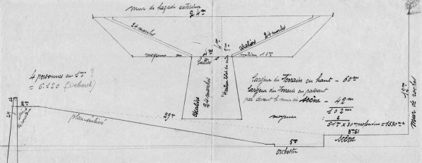 [Plan de l'escalier et coupe du terrain]. S.d. [1945 ou 1946]. © Amicale du Mystère de Sainte Reine