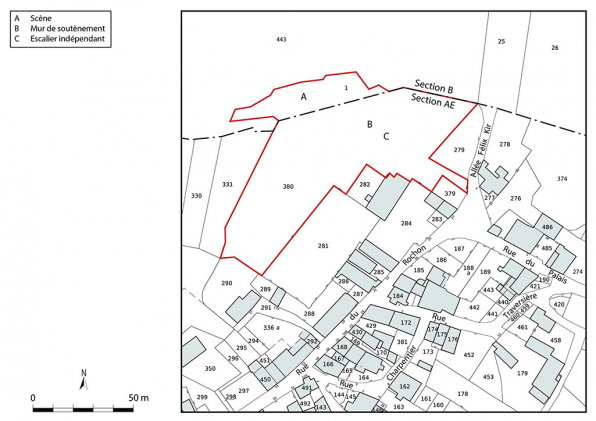 Plan de situation. Source : Direction générale des Finances Publiques - Cadastre ; mise à jour 2022, section AE, 1/1 000. © Région Bourgogne-Franche-Comté, Inventaire du patrimoine Plan de situation. Source : Direction générale des Finances Publiques - Cadastre ; mise à jour 2022, section AE, 1/1 000. © Région Bourgogne-Franche-Comté, Inventaire du patrimoine