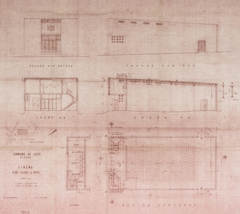 Commune de Luzy. Nièvre. Cinéma. Plans, façades et coupes. 30 janvier 1954. © Région Bourgogne-Franche-Comté, Inventaire du patrimoine Commune de Luzy. Nièvre. Cinéma. Plans, façades et coupes. 30 janvier 1954. © Région Bourgogne-Franche-Comté, Inventaire du patrimoine