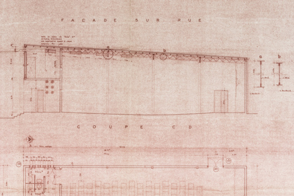 Commune de Luzy. Nièvre. Cinéma. Plans, façades et coupes [détail de la coupe longitudinale]. 30 janvier 1954. © Région Bourgogne-Franche-Comté, Inventaire du patrimoine