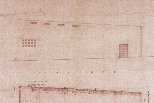 Commune de Luzy. Nièvre. Cinéma. Plans, façades et coupes [détail d'une élévation latérale]. 30 janvier 1954. © Région Bourgogne-Franche-Comté, Inventaire du patrimoine