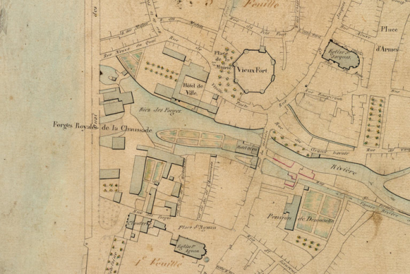 Plan général d’alignement de la ville de Cosne et faubourgs [détail du plan d'ensemble]. 1836.  © Région Bourgogne-Franche-Comté, Inventaire du patrimoine