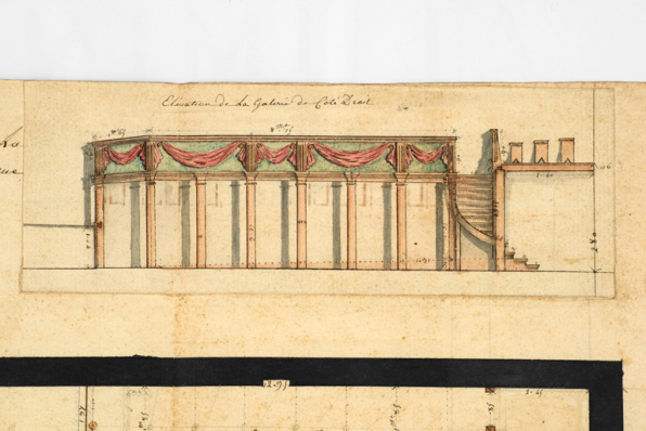Projet de distribution de la salle de comédie de la ville de Cosne. [Rabat :] Elévation de la galerie du côté droit. S.d. [1829]. © Région Bourgogne-Franche-Comté, Inventaire du patrimoine