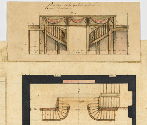 Projet de distribution de la salle de comédie de la ville de Cosne. [Rabat :] Elévation de la galerie au-dessus de la porte d’entrée. S.d. [1829]. © Région Bourgogne-Franche-Comté, Inventaire du patrimoine