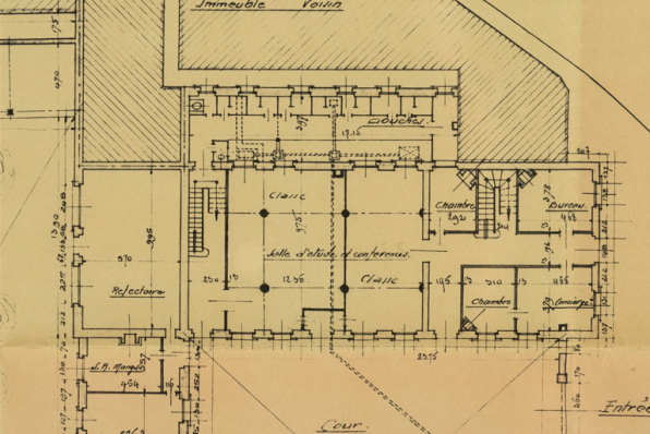 Collège de Cosne-s-Loire [état actuel]. Plan d’ensemble du rez de chaussée [détail de l'ancienne église]. 1936. © Région Bourgogne-Franche-Comté, Inventaire du patrimoine