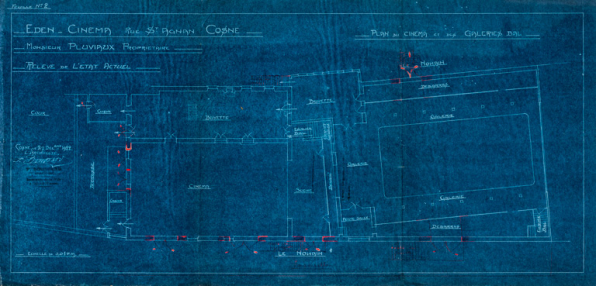 Eden-Cinéma rue St Agnan Cosne. Monsieur Pluviaux propriétaire. Relevé de l’état actuel. Plan du cinéma et des galeries bal. 1922. © Région Bourgogne-Franche-Comté, Inventaire du patrimoine Eden-Cinéma rue St Agnan Cosne. Monsieur Pluviaux propriétaire. Relevé de l’état actuel. Plan du cinéma et des galeries bal. 1922. © Région Bourgogne-Franche-Comté, Inventaire du patrimoine