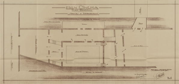 Eden-Cinéma. Plan général. Sorties et dégagements. 1934. © Région Bourgogne-Franche-Comté, Inventaire du patrimoine Eden-Cinéma. Plan général. Sorties et dégagements. 1934. © Région Bourgogne-Franche-Comté, Inventaire du patrimoine
