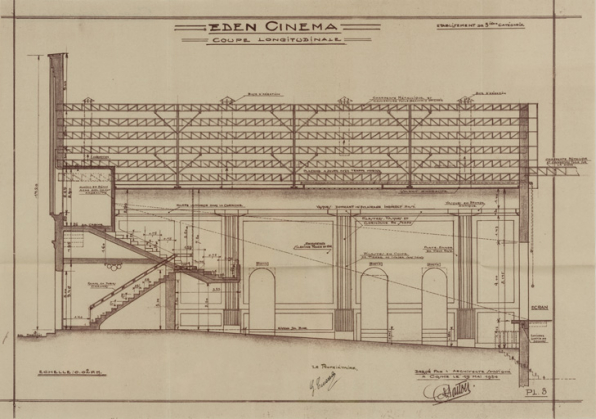Eden-Cinéma. Coupe longitudinale. 1934. © Région Bourgogne-Franche-Comté, Inventaire du patrimoine Eden-Cinéma. Coupe longitudinale. 1934. © Région Bourgogne-Franche-Comté, Inventaire du patrimoine