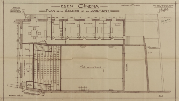 Eden-Cinéma. Plan de la galerie et du logement. 1934. © Région Bourgogne-Franche-Comté, Inventaire du patrimoine Eden-Cinéma. Plan de la galerie et du logement. 1934. © Région Bourgogne-Franche-Comté, Inventaire du patrimoine