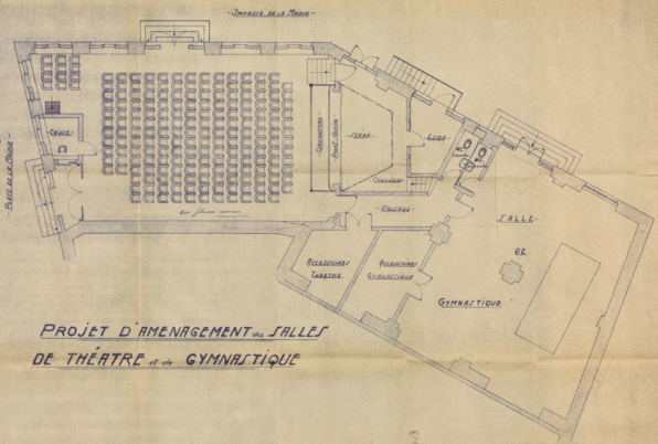 Projet d'aménagement des salles de théâtre et de gymnastique [plan]. S.d. [1948]. © Région Bourgogne-Franche-Comté, Inventaire du patrimoine