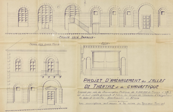Projet d'aménagement des salles de théâtre et de gymnastique [coupe et élévations]. S.d. [1948]. © Région Bourgogne-Franche-Comté, Inventaire du patrimoine