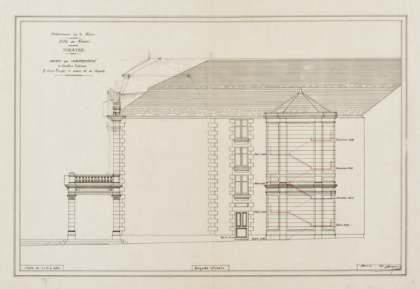 Théâtre. Projet de construction d’escaliers latéraux et d’une terrasse en avant de la façade. Façade latérale [droite]. [Mai-juin] 1897. © Région Bourgogne-Franche-Comté, Inventaire du patrimoine