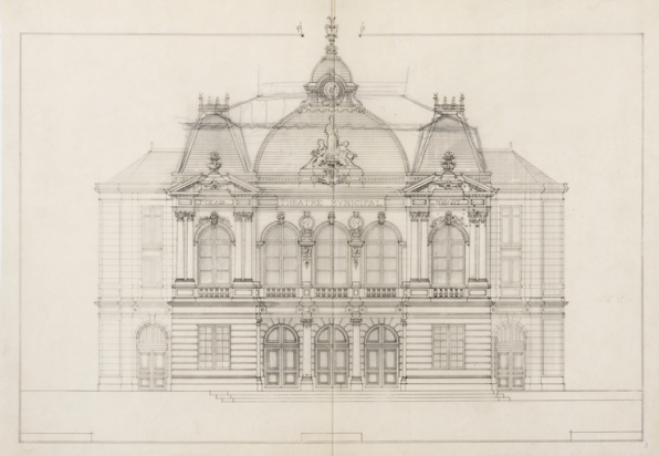 [Projet de façade avec porche, encadré par deux pavillons, et dôme carré]. S.d. [fin 1897 ou début 1898]. © Région Bourgogne-Franche-Comté, Inventaire du patrimoine
