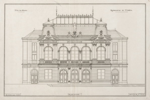 Ville de Nevers. Restauration du Théâtre. Façade principale [projet de façade avec porche, encadré par deux pavillons, et toit brisé]. 1er avril 1898. © Région Bourgogne-Franche-Comté, Inventaire du patrimoine