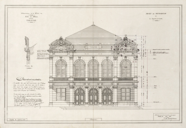 Ville de Nevers. Théâtre. Projet de restauration de la façade principale. Elévation [avec porche et toit brisé]. Septembre 1898. © Région Bourgogne-Franche-Comté, Inventaire du patrimoine