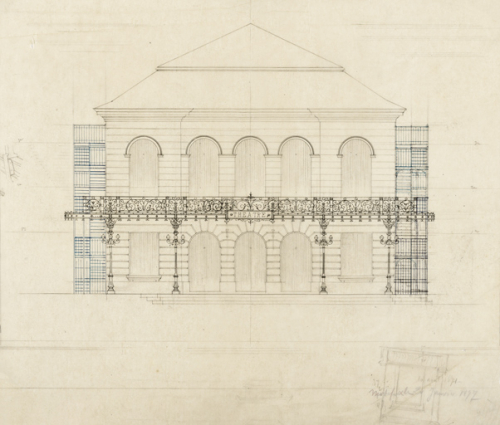 [Projet de façade avec marquise et escaliers latéraux]. 10 avril 1894 modifié le 20 janvier 1897. © Région Bourgogne-Franche-Comté, Inventaire du patrimoine