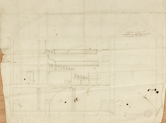 [Projet de salle de spectacle : plans et coupe]. N° 5 Coupe sur la longueur de la salle de spectacle à partir du bas des voûtes jusqu’au deuxième étage. S.d. [1809 ?]. © Région Bourgogne-Franche-Comté, Inventaire du patrimoine