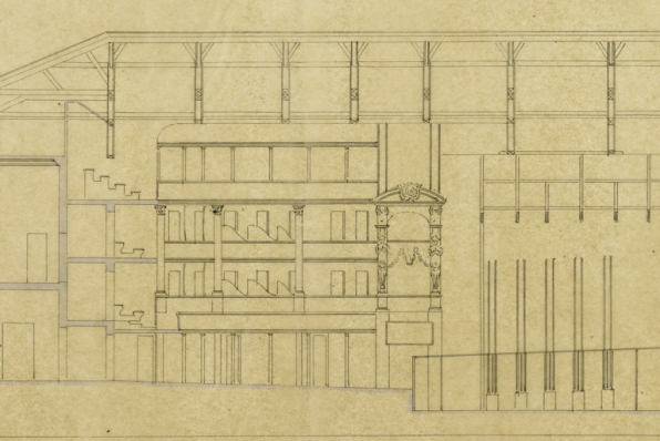 Projet de restauration de la salle de spectacle de la ville de Nevers. Coupe longitudinale [détail de la salle]. 9 avril 1851. © Région Bourgogne-Franche-Comté, Inventaire du patrimoine