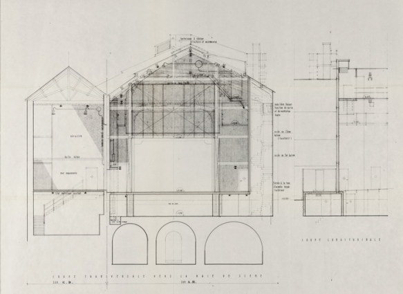Ville de Nevers. Théâtre municipal. Mise en conformité. 1A. [Détail :] Coupe transversale sur baie de scène. 1976. © Région Bourgogne-Franche-Comté, Inventaire du patrimoine