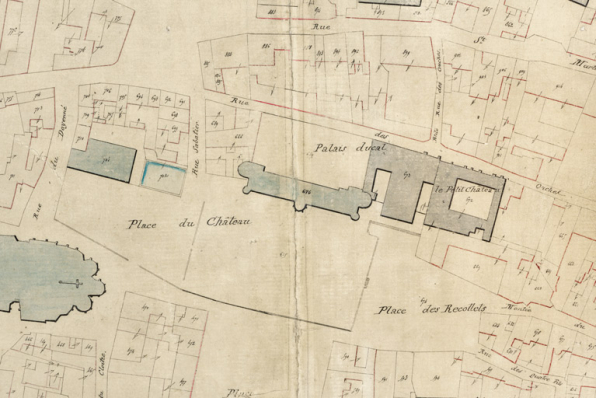 Section C dite du Croux. Feuille unique [plan cadastral napoléonien : détail du palais ducal, du théâtre et du Petit Château]. [1835]. © Région Bourgogne-Franche-Comté, Inventaire du patrimoine