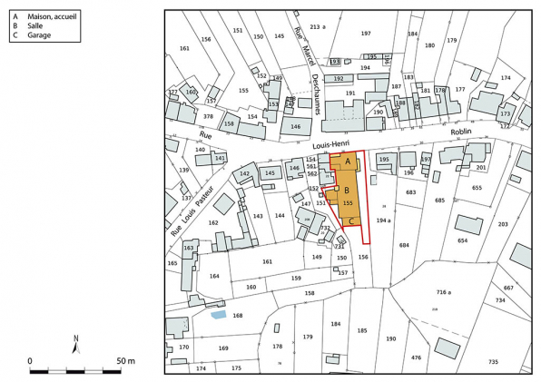 Plan-masse et de situation. Source : Direction générale des Finances Publiques - Cadastre ; mise à jour 2023, section AT, 1/1 000. © Région Bourgogne-Franche-Comté, Inventaire du patrimoine Plan-masse et de situation. Source : Direction générale des Finances Publiques - Cadastre ; mise à jour 2023, section AT, 1/1 000. © Région Bourgogne-Franche-Comté, Inventaire du patrimoine