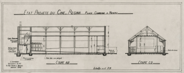 Etat projeté du Ciné-Regina. Place Chaméane à Nevers [coupes]. Janvier 1948.  © Région Bourgogne-Franche-Comté, Inventaire du patrimoine