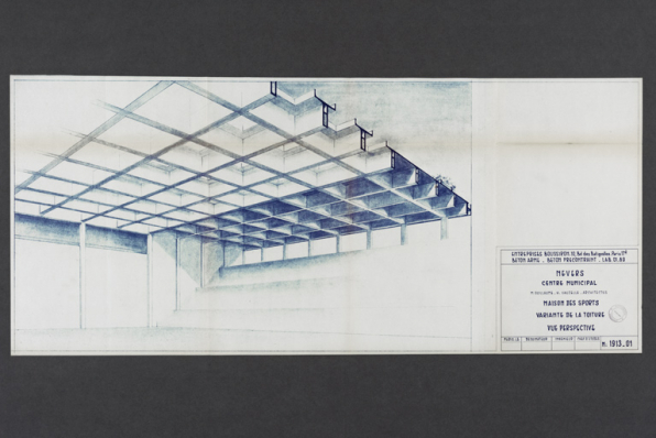 Nevers Centre municipal. M Guillaume. H. Vauzelle. architectes. Maison des sports. Variante de la toiture. N° 1913.01. Vue perspective. S.d. [octobre 1965]. © Région Bourgogne-Franche-Comté, Inventaire du patrimoine
