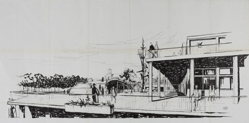 [Vues perspectives de détail du bâtiment : vue de l'extérieur depuis le côté Loire, avec la passerelle]. S.d. [décembre 1960].  © Région Bourgogne-Franche-Comté, Inventaire du patrimoine