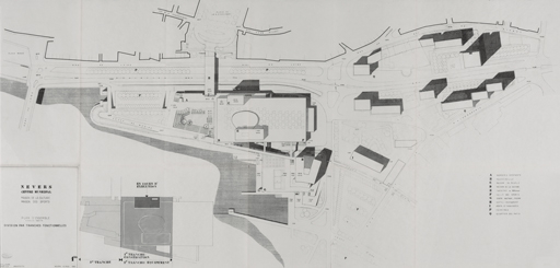 Nevers Centre municipal. Maison de la culture, maison des sports. 1 bis. Plan d’ensemble. Division par tranches fonctionnelles. Février 1963. © Région Bourgogne-Franche-Comté, Inventaire du patrimoine Nevers Centre municipal. Maison de la culture, maison des sports. 1 bis. Plan d’ensemble. Division par tranches fonctionnelles. Février 1963. © Région Bourgogne-Franche-Comté, Inventaire du patrimoine