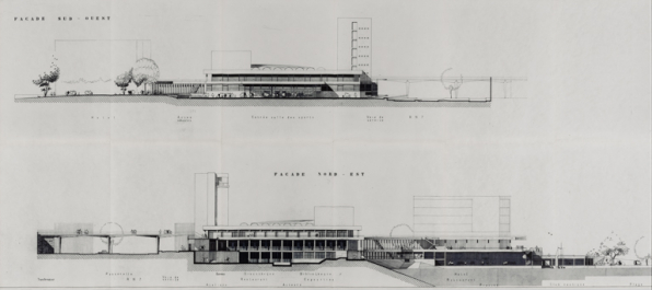 Nevers Centre municipal. Maison de la culture, maison des sports. 7. Façades sud-ouest - nord-est. Février 1963. © Région Bourgogne-Franche-Comté, Inventaire du patrimoine Nevers Centre municipal. Maison de la culture, maison des sports. 7. Façades sud-ouest - nord-est. Février 1963. © Région Bourgogne-Franche-Comté, Inventaire du patrimoine