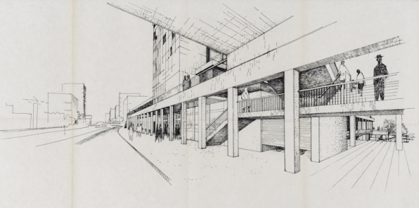 Nevers Centre municipal. Vues extérieures [détail : côté RN, depuis l'ouest]. Février 1963. © Région Bourgogne-Franche-Comté, Inventaire du patrimoine