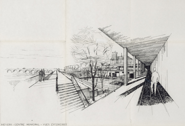 Nevers Centre municipal. Vues extérieures [détail : cour, depuis l'est]. Février 1963. © Région Bourgogne-Franche-Comté, Inventaire du patrimoine