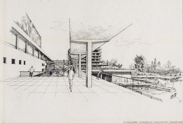 Nevers Centre municipal. Vues extérieures [détail : côté rivière et bassin nautique, depuis l'ouest]. Février 1963. © Région Bourgogne-Franche-Comté, Inventaire du patrimoine