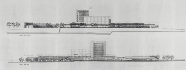 Nevers Centre municipal. Maison de la culture. 2. Plan d’exécution. Façades d’ensemble nord.ouest sud.est. Octobre 1964.  © Région Bourgogne-Franche-Comté, Inventaire du patrimoine