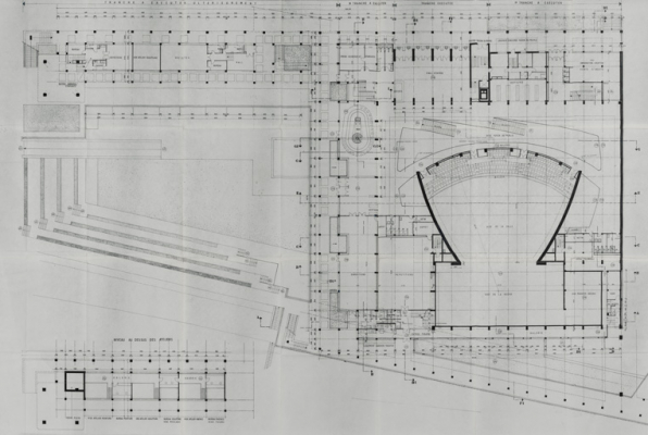 Nevers Centre municipal. Maison de la culture. 7. Plan d’exécution. Niveau rue, hall d'entrée, balcon théâtre, salle de répétitions, entrée garderie d'enfants +000 +100 +150. Octobre 1964, rect. novembre 1964. © Région Bourgogne-Franche-Comté, Inventaire du patrimoine Nevers Centre municipal. Maison de la culture. 7. Plan d’exécution. Niveau rue, hall d'entrée, balcon théâtre, salle de répétitions, entrée garderie d'enfants +000 +100 +150. Octobre 1964, rect. novembre 1964. © Région Bourgogne-Franche-Comté, Inventaire du patrimoine
