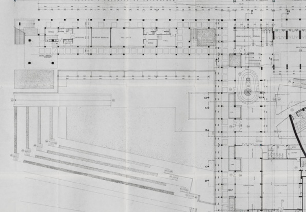 Nevers Centre municipal. Maison de la culture. 7. Plan d’exécution. Niveau rue, hall d'entrée [... Détail : partie gauche]. Octobre 1964, rect. novembre 1964.  © Région Bourgogne-Franche-Comté, Inventaire du patrimoine
