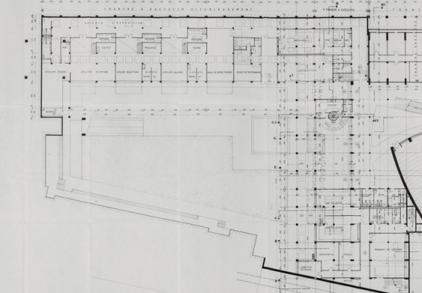 Nevers Centre municipal. Maison de la culture. 6. Plan d’exécution. Niveau jardin, parterre théâtre [... Détail : partie gauche]. Octobre 1964, rect. novembre 1964.  © Région Bourgogne-Franche-Comté, Inventaire du patrimoine