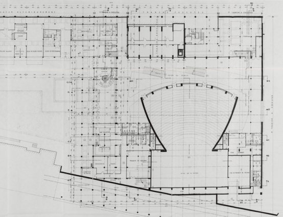 Nevers Centre municipal. Maison de la culture. 6. Plan d’exécution. Niveau jardin, parterre théâtre [... Détail : partie droite]. Octobre 1964, rect. novembre 1964.  © Région Bourgogne-Franche-Comté, Inventaire du patrimoine
